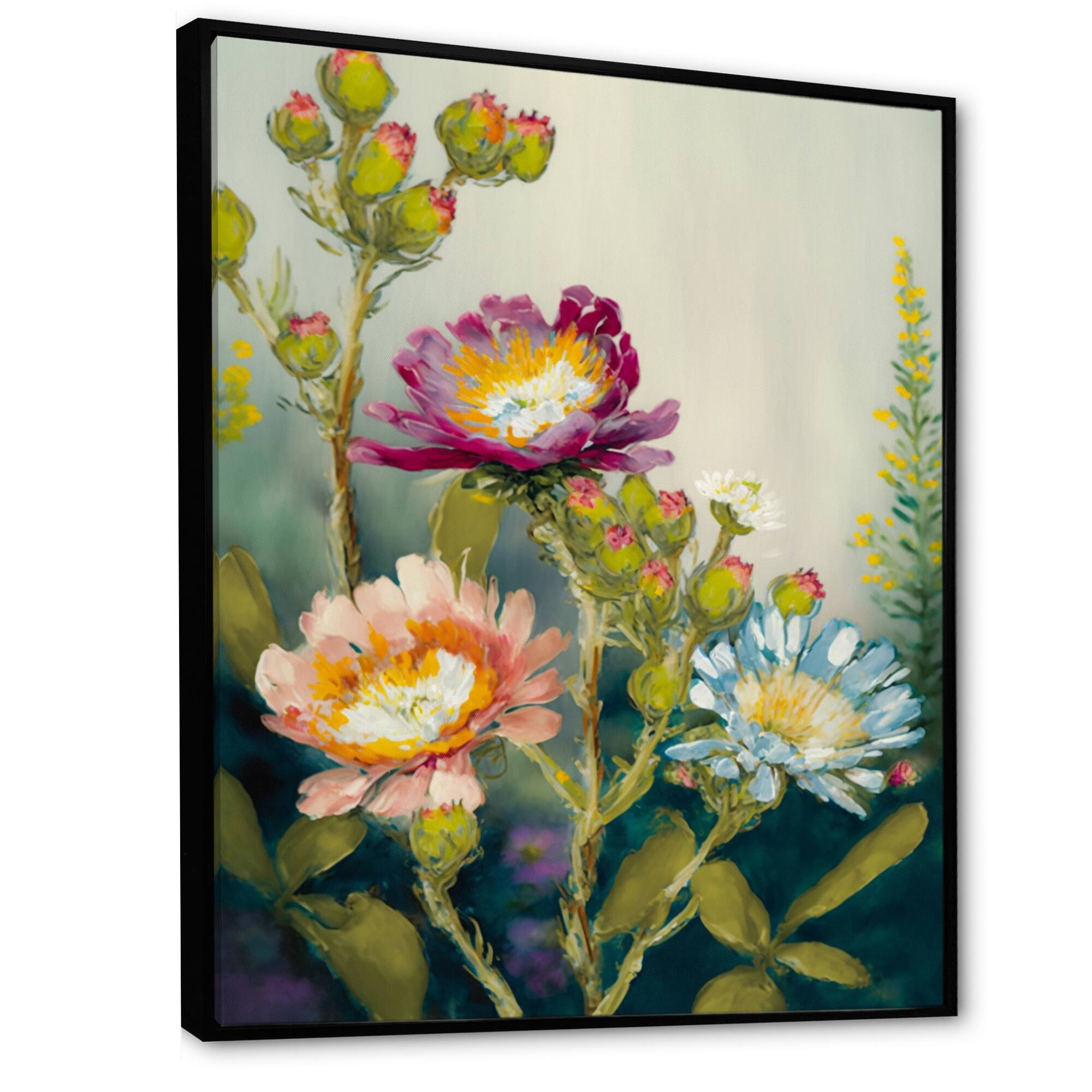 Designart "Painted Blossoming Wildflowers IV" Floral Bouquet Framed Canvas Wall Art Print Bed